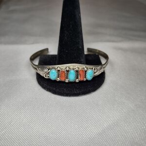 Vintage sterling silver, turquoise and coral cuff bracelet
